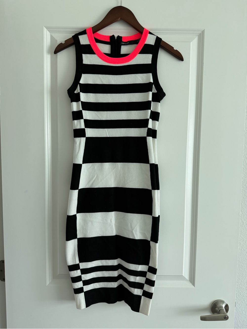 Karen Millen Black & White Striped Midi Dress with Neon Pink Trim